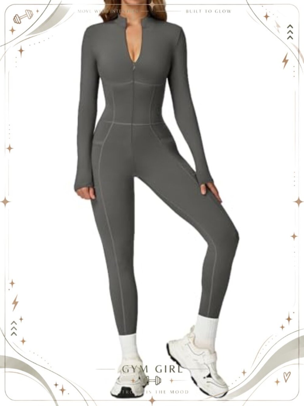 Women's One Piece Workout Jumpsuit Long Sleeve Zip Pockets Slimming Romper